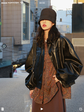 SUPzgRSCAPjg 宽松百搭酷女孩宫庭袖PU皮衣女翻领