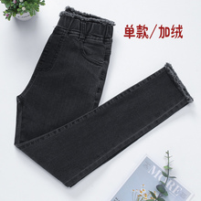 女童黑zg软牛仔裤加yy020春秋弹力洋气修身中大宝宝(小)脚长裤子