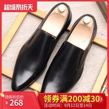 韩款潮zi青年时尚尖kq 英伦牛皮商务休闲一脚蹬套脚真皮男鞋