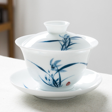 手绘三zu盖碗茶杯景ai瓷单个青花瓷功夫泡喝敬沏陶瓷茶具中式