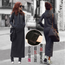 202zz韩款秋冬装ww子女装加厚加绒加长连帽修身显廋卫衣连衣裙