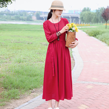 旅行文zz女装红色棉ww裙收腰显瘦圆领大码长袖复古亚麻长裙秋